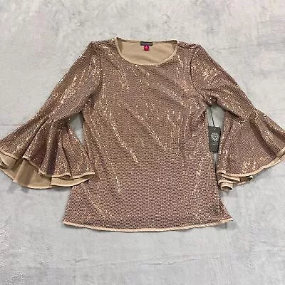 Vince Camuto Sparkle Sequin Blouse Women's Sz Large Rose Gold NWT Bell Sleeves • $31.86