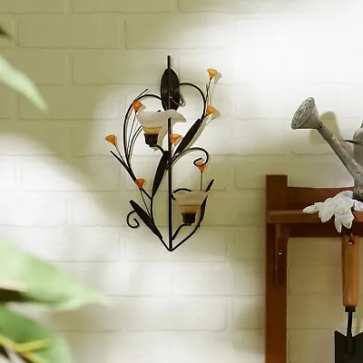 Iron Glass Amber Lilies Candle Wall Sconce Indoor Outdoor Decor • $35.59