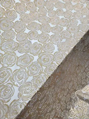 Ivory Gold Embossed Printed 3D Floral Pattern Jacquard Fabric - 60  Width • $28.99