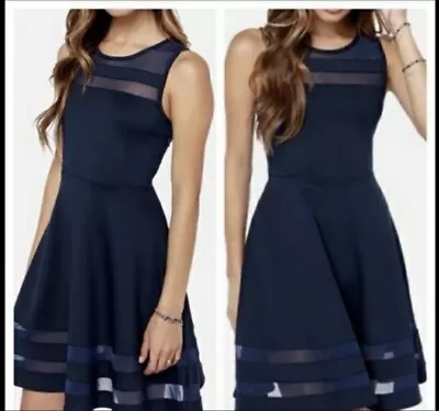 Lulus Navy Blue Determination Fit Flare Skater Dress  Sz Large Sheer Mesh Panels • $17.99