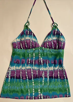 Hobie Swimsuit Top Women Medium Green Purple Halter Tankini Beaded Tie-up Beach • $11.87
