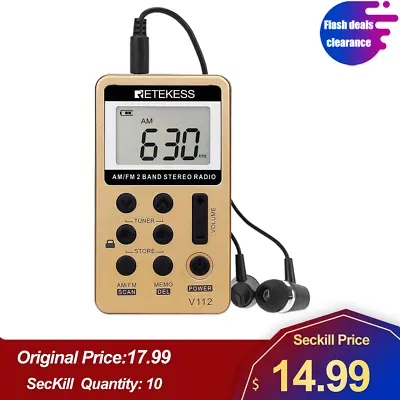 Retekess V112 Pocket FM/AM Mini Radio Receiver Digital Rechargeable Sporting US • $14.99