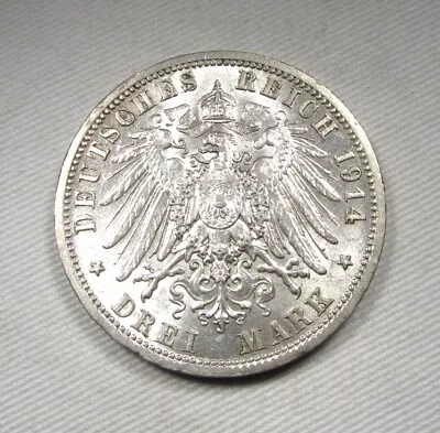 1914-A Germany-Prussia Silver 3 Mark AU Details Coin AP627 • $50