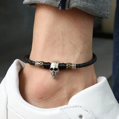 Women/ Men Genuine Leather Skull Head Black Rope Anklet / Foot Bracelet One Size • $10.99