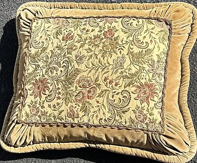 Vintage 70s Velvet Velour Throw Pillow 18”x14”MCM Gold Brocade Floral • $59.90