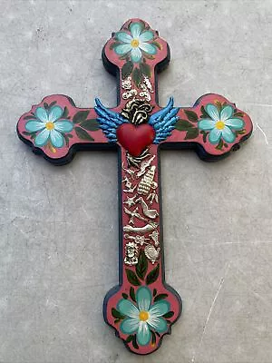 Mexican MILAGROS CROSS Wood Cross LG  17” X 12” Mexican Folk Art • $49.99