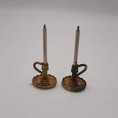 Vintage Miniature Dollhouse Brass Candlesticks Pair Colonial Style With Handle • $19.99