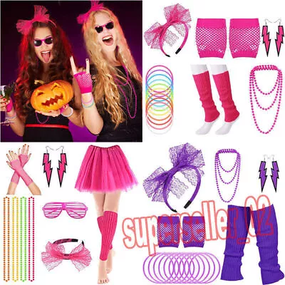 80s Retro Neon Tutu Set Skirt Gloves Leg Warmers Beads Halloween Cosplay Costume • $20.23