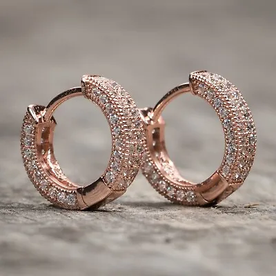 Mens Iced Rose Gold Plated Sterling Silver Small CZ Huggie Hoops Earrings • $18.99