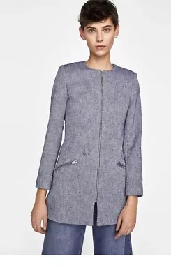 Zara Womens Blue Boucle Textured Frock Coat Blazer With Zips Medium BNWT • $87.03