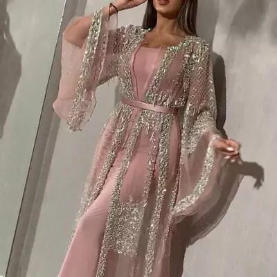 Dubai Abaya Muslim Women Sequins Open Cardigan Maxi Dress Islamic Kaftan Gift UK • £39.83