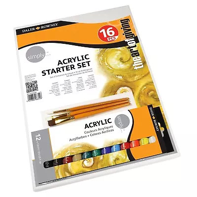 Daler-Rowney Simply Acrylic Starter Set 12 Colours 3 Brushes Canvas • £10
