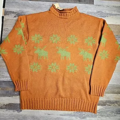 Country Road Sweater Vintage 80s Brown Green Moose Snowflakes 100% Wool Medium • $40