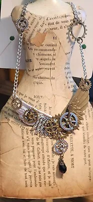 Fenical Steampunk Necklace W/ Gears Wings Watch Hands Teardrop Glass Pendant New • $7.35