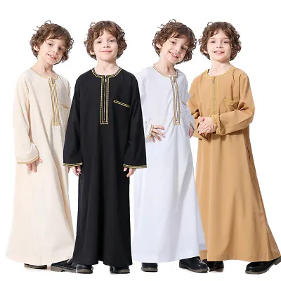 Islamic Clothing Muslim Arab Teenage Boy Long Sleeve Robe Thobe Kid Abaya Kaftan • £20.02