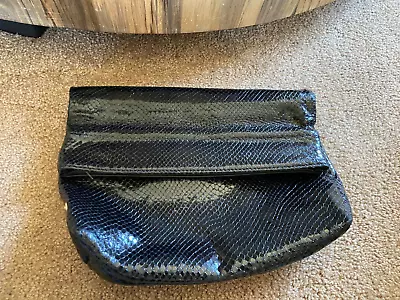 VINTAGE GiGi New York Rachel Leather Clutch Fold-over Python Embossed Black • $26.69