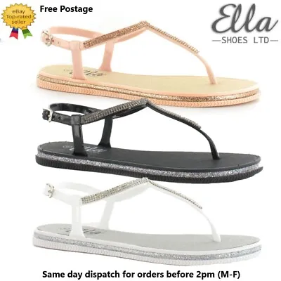 £4.85 • Buy Ladies Toe Post Flat Sandals Diamante Sparkly Strap Gladiator Sandals Size 3 - 8