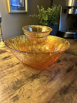 Vintage Indiana Carnival Glass Chip & Dip Bowl Marigold Iridescent Basket Weave • $32