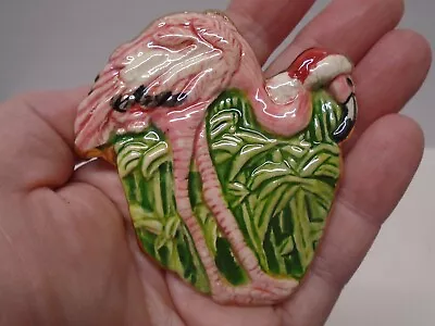 Flamingo W/Santa Hat Brooch Pin Pendant Handmade VTG Glazed Pottery Christmas • $39.19