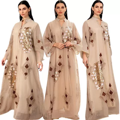 Moroccan Dubai Sequins Abaya Women Maxi Dress Kaftan Turkey Robe Arab Party Gown • $46.54