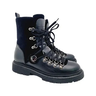 Moncler Berenice Leather Velvet Combat Hiker Boots 37 EU 6.5 US • $225