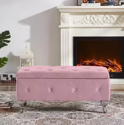 Storage Ottoman Bench Crystal Tufted Pink Velvet Footstool Seat Bedroom New • $199.99