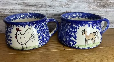 Molly Dallas Spatterware Chicken Horse Soup Bowls Mugs Set Of 2 Signed Blue • $19.20