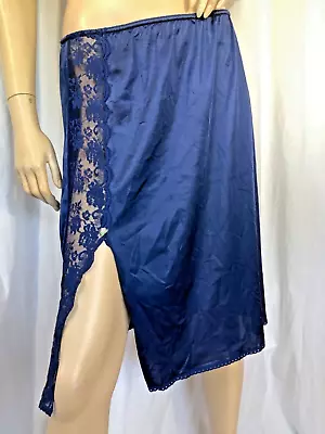 Vintage Blue Half Slip Slit Pencil Skirt Maidenform Chantilly Lace L Nylon Knit • $14.99