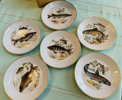 $36 • Buy NIB Vintage Naaman Fish Plates, Set/Six (6) Salad/Luncheon, Gold Rim, NA75