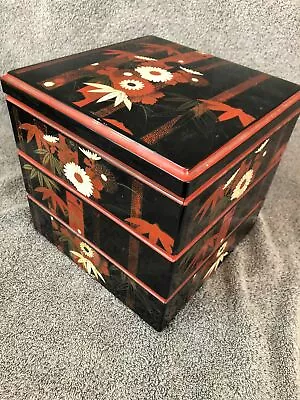Lacquer Ware Black & Rust Stackable Bento Box Handpainted Antique VTG • $59
