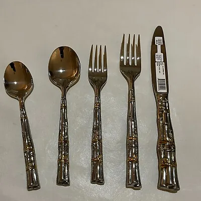 Lunt Silversmiths Sarong Gold Stainless Steel 5 Piece Flatware Set Gold Bamboo • $39.95