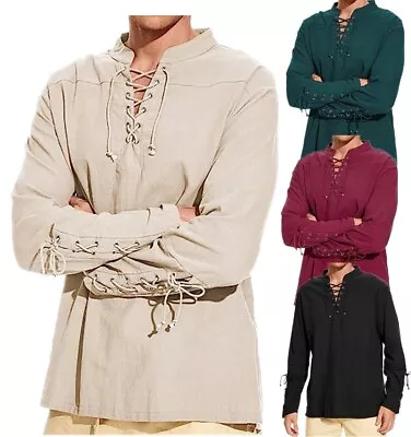 Men Loose Medieval Gothic Renaissance Shirt Lace Up Viking Pirate Costume Tops • $29.99