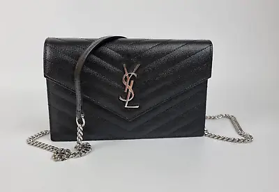Saint Laurent Cassandre Matelasse Black Leather Chain Wallet Shoulder Bag New • $1851.74