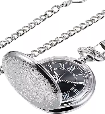 Quartz Pocket Watch For Men With Black Dial And Chain • £15.69