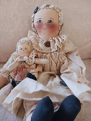 2 Vintage Handmade Painted Fabric Dolls W Old Buttons For Hair Muslin Dresses • $46