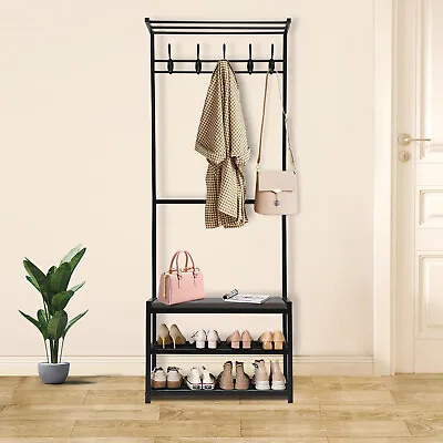 Entryway Bench With Coat Rack With PU Cushion And Shoe Storage 3 In 1 • $46.55