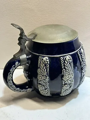Art Deco Blue Stoneware Stein Pewter Lid Marzi & Remy Barley & Hops 2752 • $44