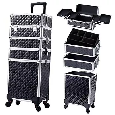  Rolling Makeup Train Case Large Storage Cosmetic Trolley 4 In 1 Large Black • $157.33