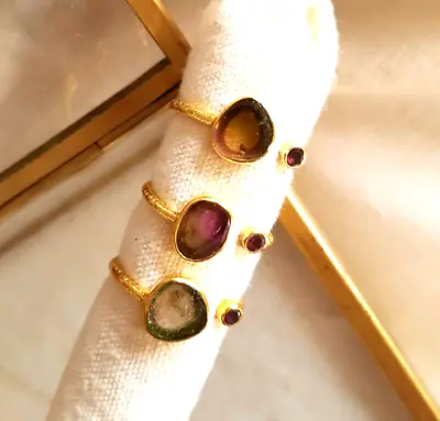 Watermelon Tourmaline Crystal Ring 24K Gold Plated Round Zircon Wrap Adjustable • £44.95