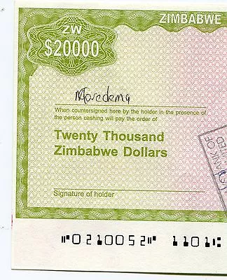 Zimbabwe Dollar Travellers Cheque 20 000 Signature Error P18 Missing Signature B • $34.99