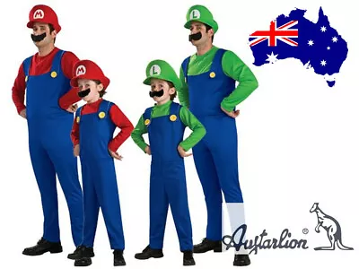 Adult Kids Super Mario Luigi Jumpsuit Moustache Hat Set Costume Cosplay Party • $25.99