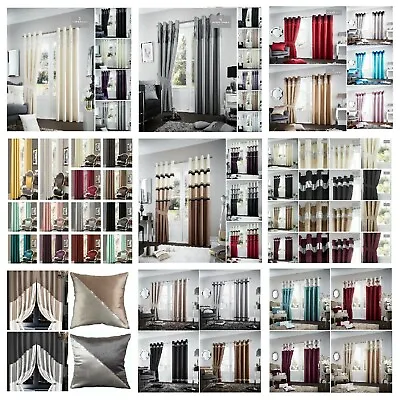 Faux Silk Eyelet  Curtains Luxury Pair Of Ready Made Fully Lined With Tie-backs • £6.99