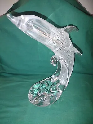 Vtg Murano Art Glass Dolphin W/White Striations Inside Clear WAVE Base Sculpture • $79.95