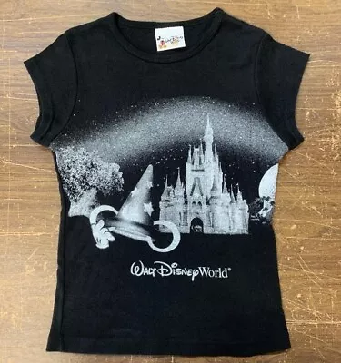 WALT DISNEY WORLD Silver Castle Black Cap Sleeve Womens Juniors T-Shirt Top Sz S • £14.48