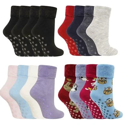 £8.95 • Buy Ladies 4 Pairs Brushed Lined Thermal Lounge Bed Slipper Socks  Non Slip Gripper 