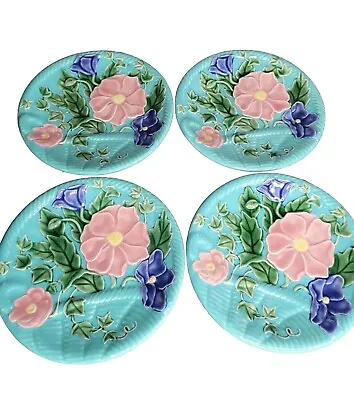 Bordallo 4 French Majolica Plates Basket Pink Blue Periwinkles Rare Vtg HTF • $94.99