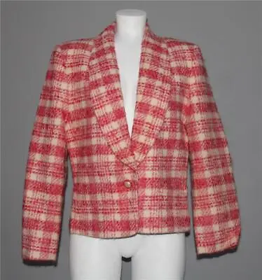 VTG Pendleton Red Cream Boucle Long Lapel Fuzzy Wool Plaid Lined Blazer Wm's 12 • $38.99