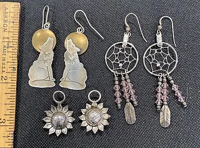 Vtg Earrings -Silver Wolf Howling At Moon Sunflowers Dream Catchers (not SS) • $10