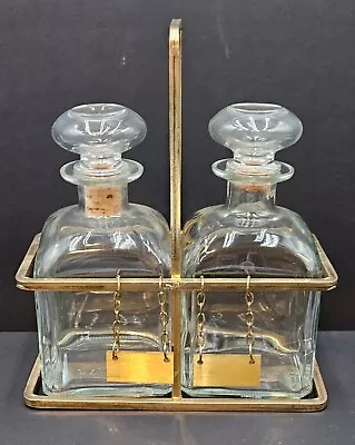 2 Crystal Decanters In Brass Holder Bar Set Vintage 10 X8.5  Barware Serve  • $36