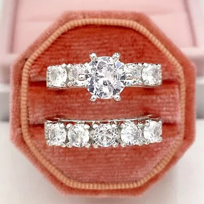 14k White Gold Plated Round Cut Moissanite Bridal Set Ring 925 Sterling Silver • $152.14